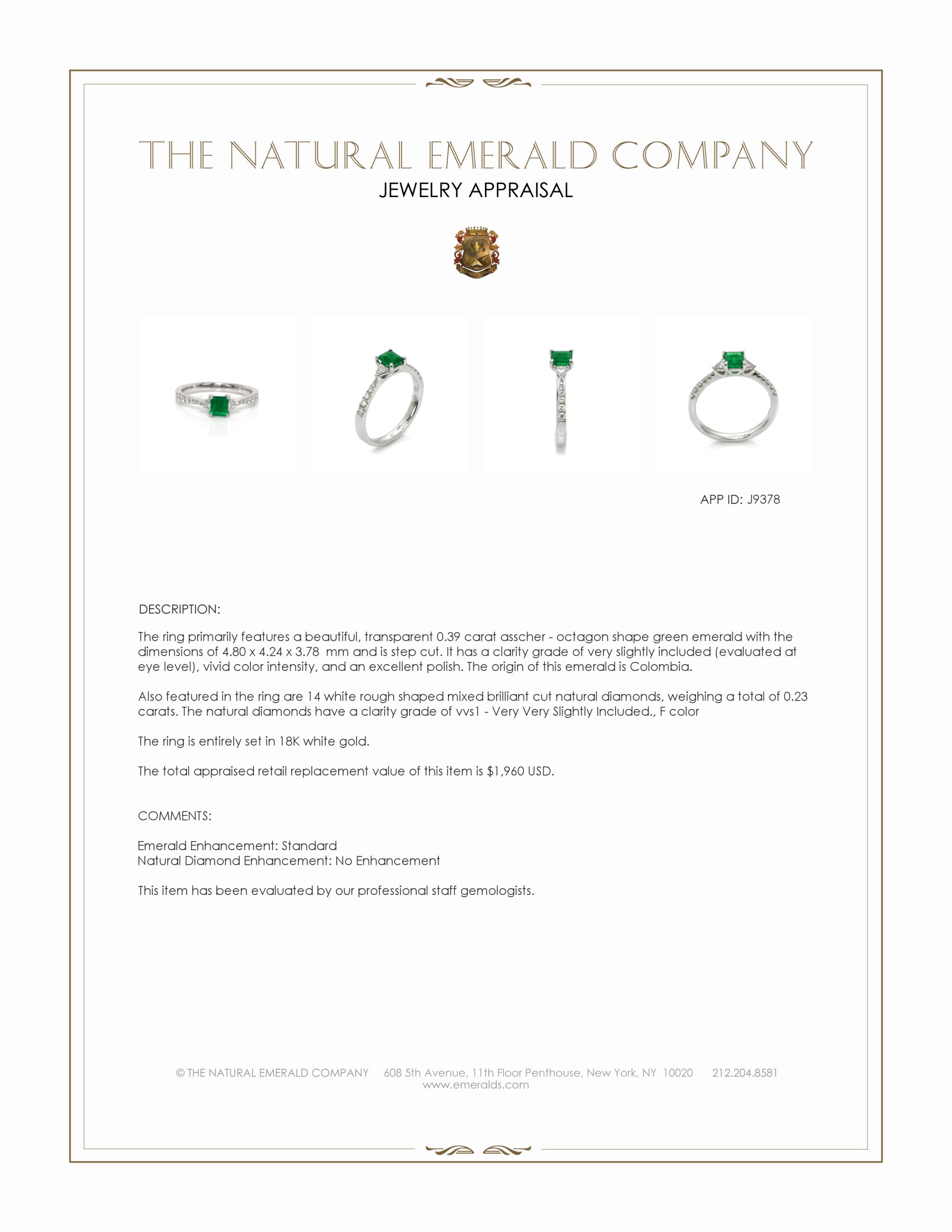 0.39 Ct. Emerald and Natural Diamond Three Stone Ring, 18K White Gold