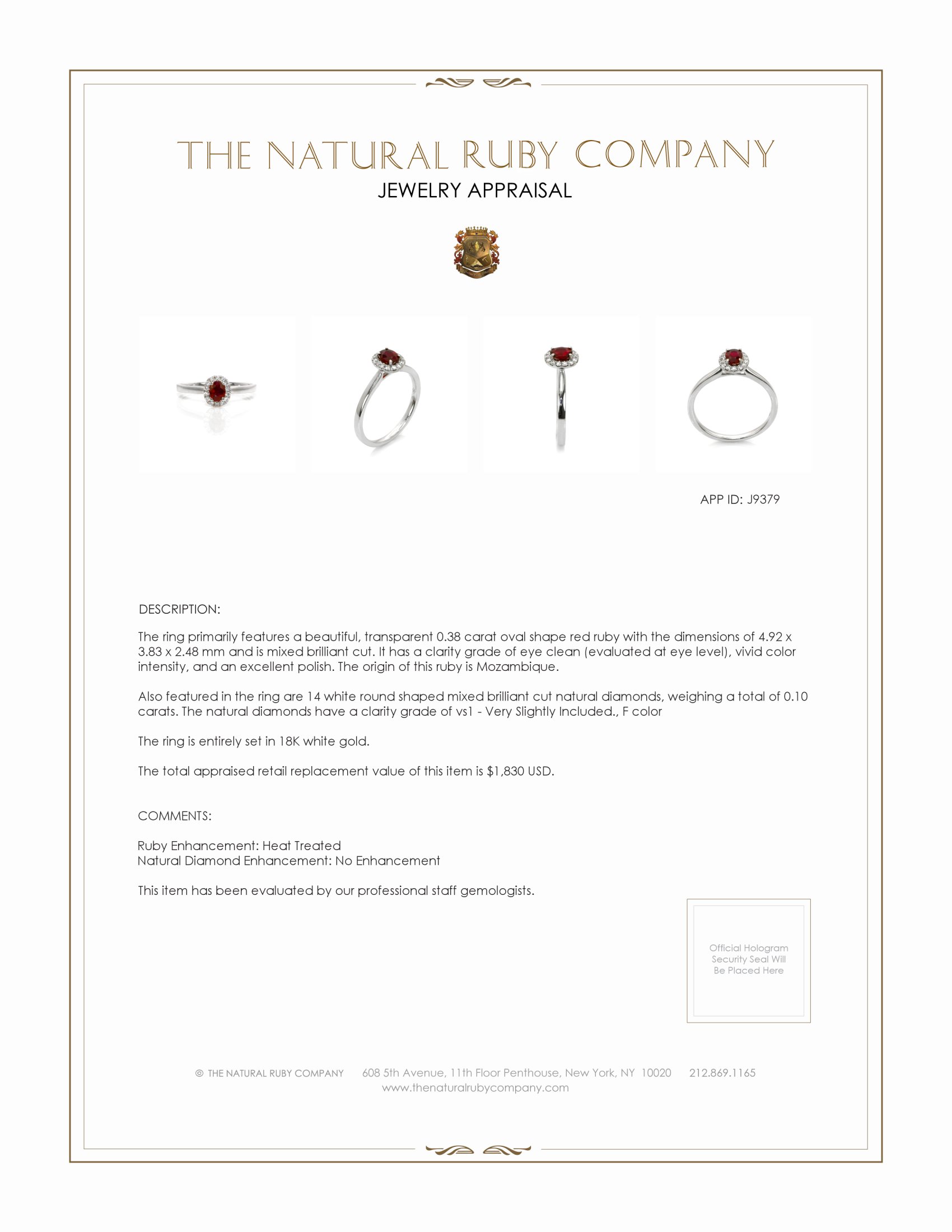 0.38 Ct. Ruby and Natural Diamond Pave Ring, 18K White Gold