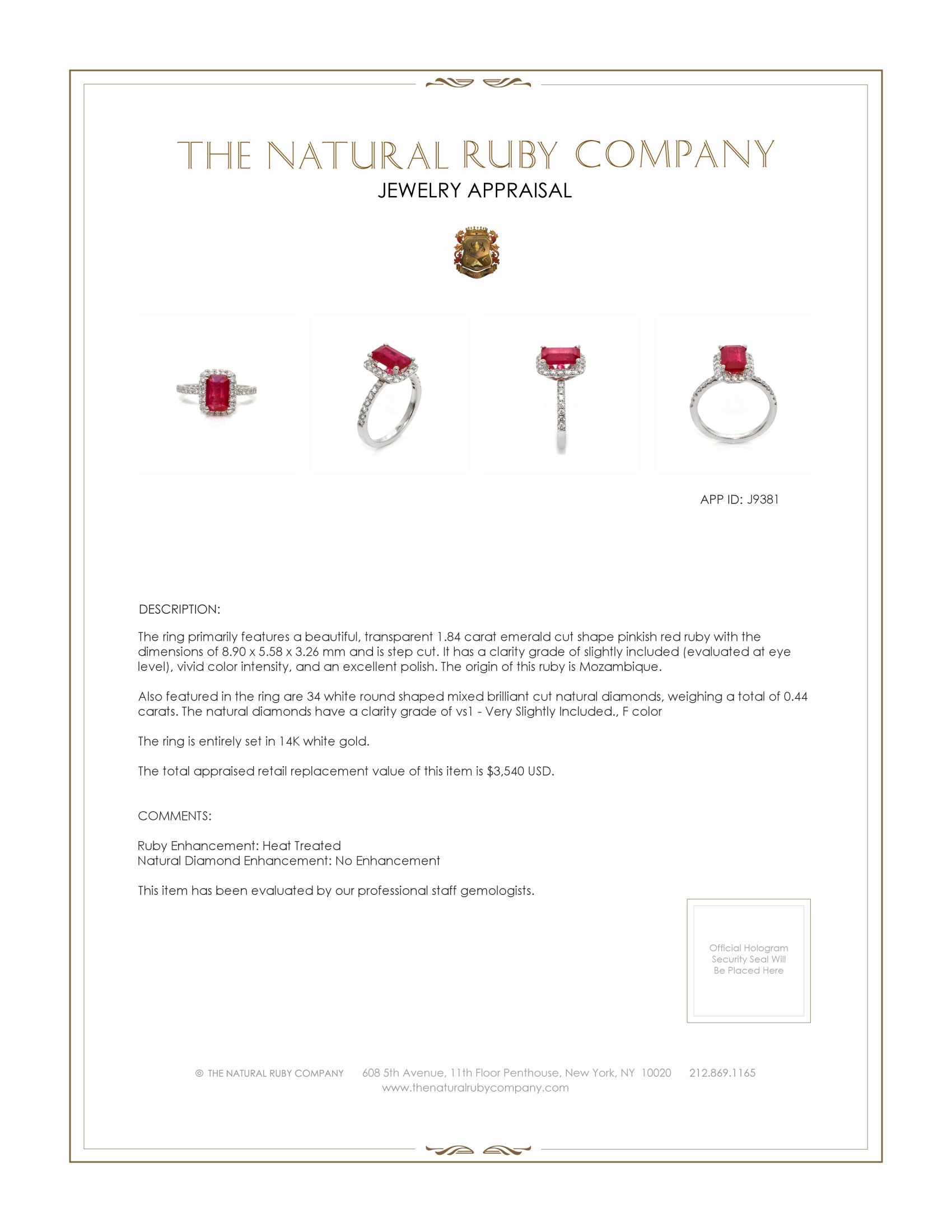 1.84 Ct. Pinkish Red Ruby and Natural Diamond Pave Ring, 14K White Gold