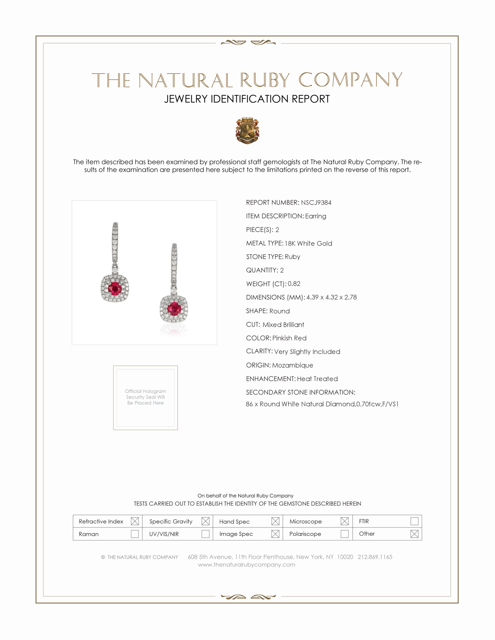 0.82 Ct.Tw. Pinkish Red Ruby and Natural Diamond Pave Earrings, 18K White Gold