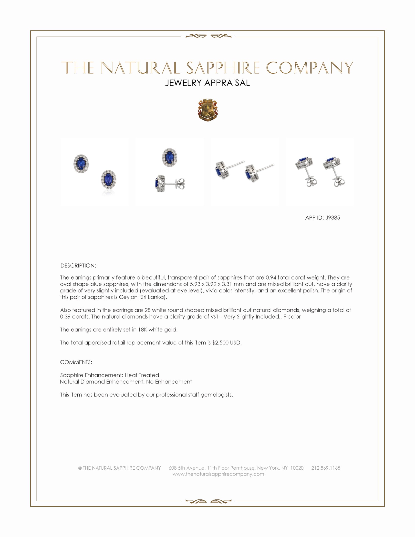 0.94 Ct.Tw. Blue Sapphire and Natural Diamond Studs Earrings, 18K White Gold