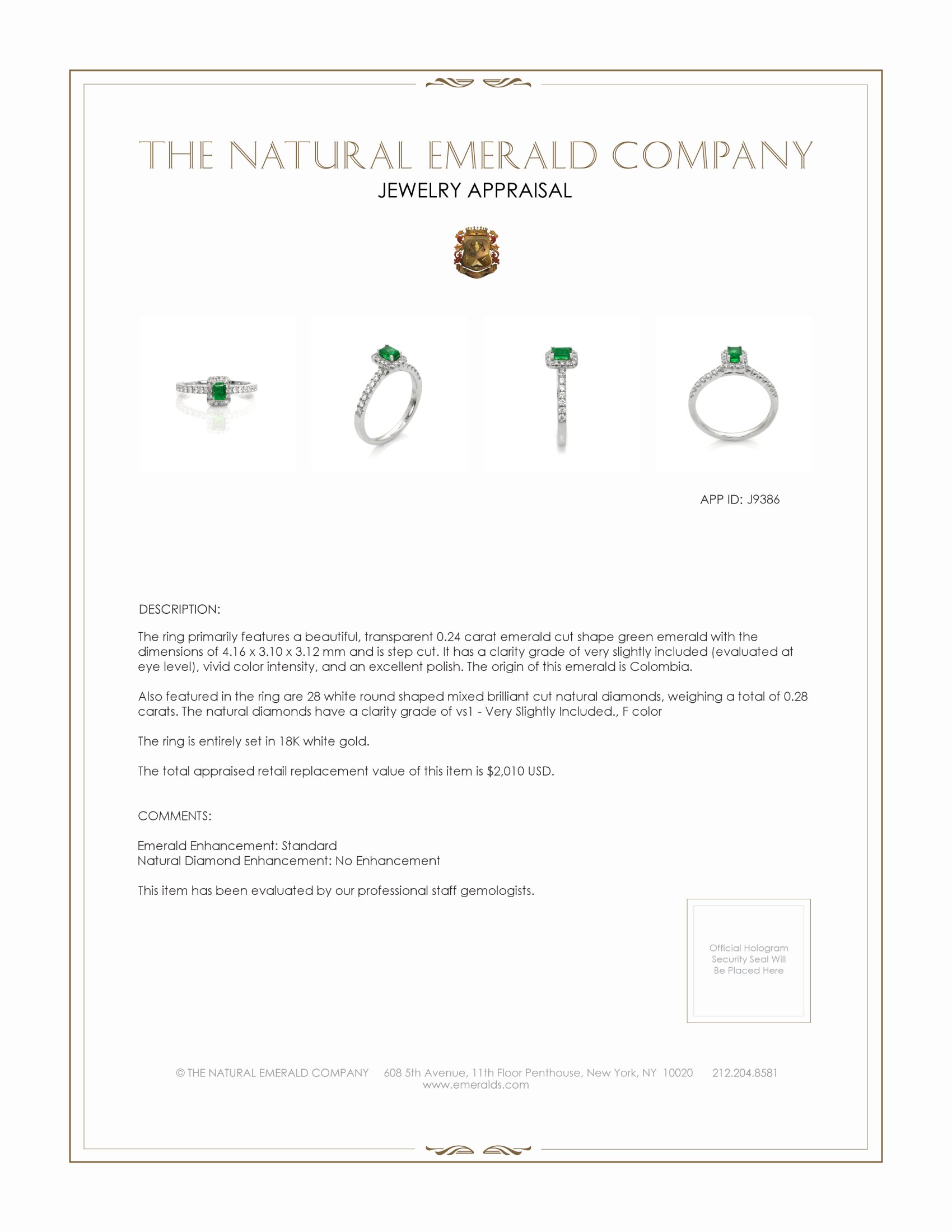 0.24 Ct. Emerald and Natural Diamond Pave Ring, 18K White Gold