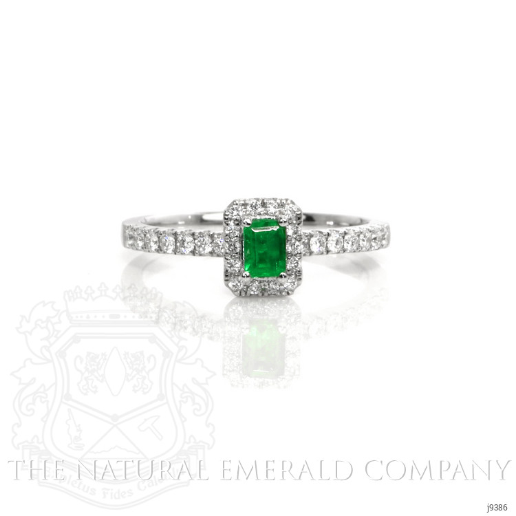0.24 Ct. Emerald and Natural Diamond Pave Ring, 18K White Gold