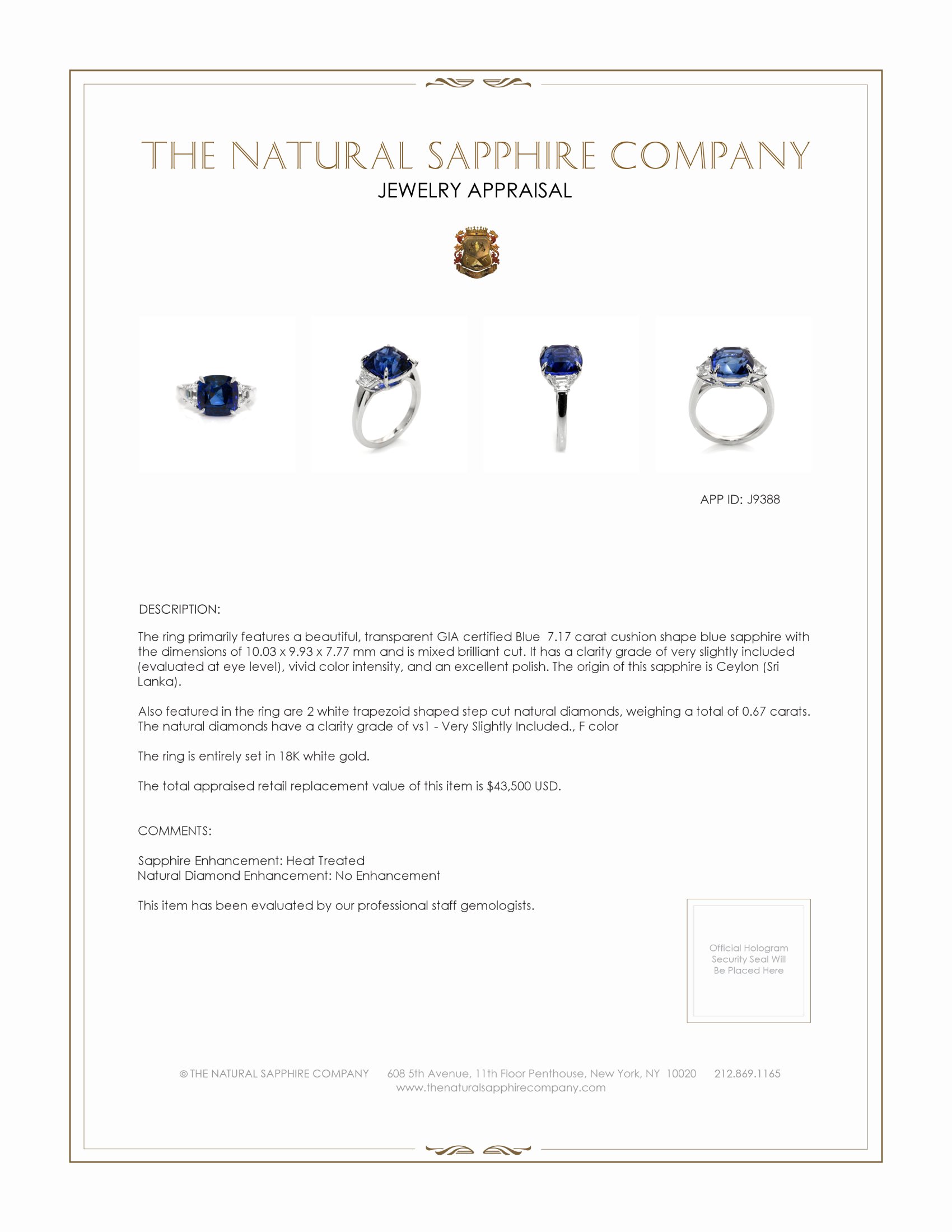 7.17 Ct. Blue Sapphire and Natural Diamond Three Stone Ring, 18K White Gold