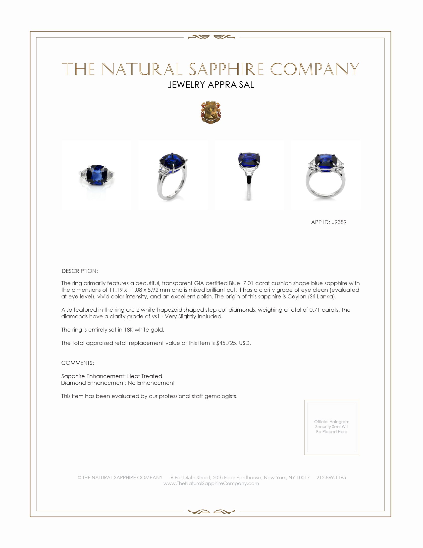 7.01 Ct. Blue Sapphire and Natural Diamond Three Stone Ring, 18K White Gold