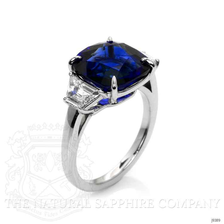 7.01 Ct. Blue Sapphire and Natural Diamond Three Stone Ring, 18K White Gold