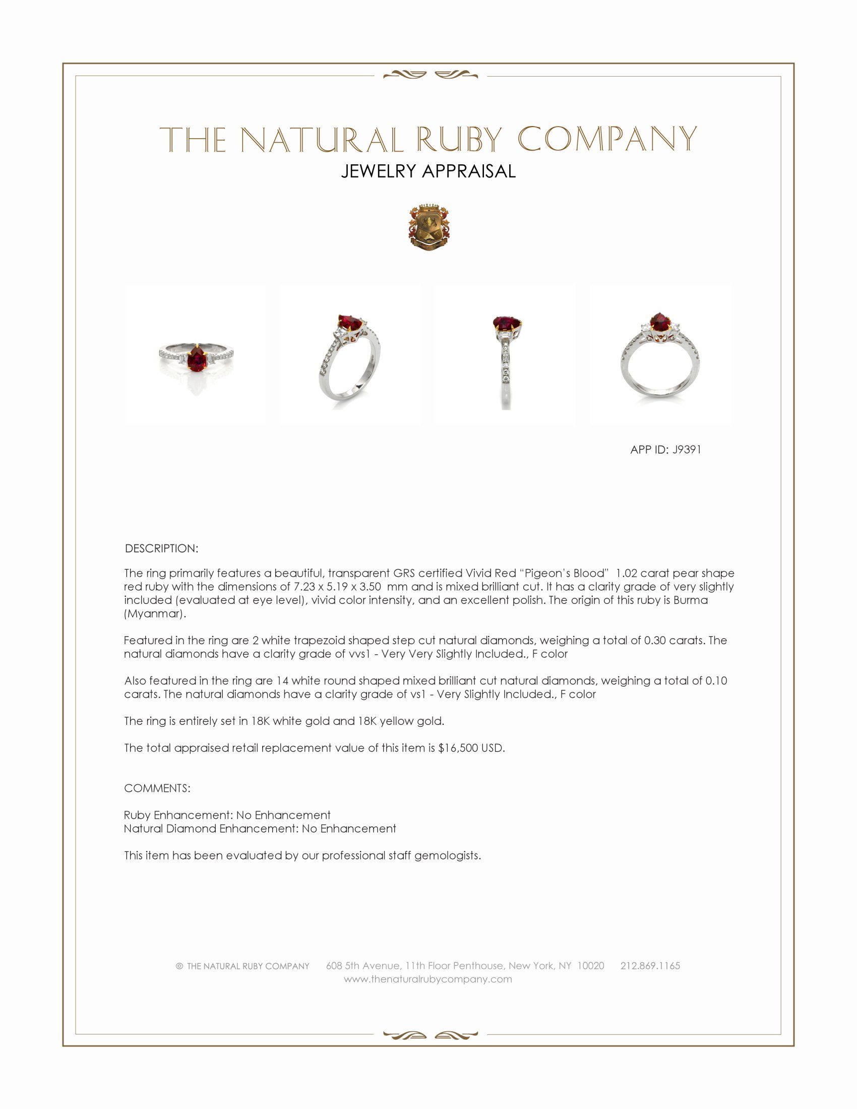 1.02 Ct. Ruby and Natural Diamond Three Stone Ring, 18K White & Yellow