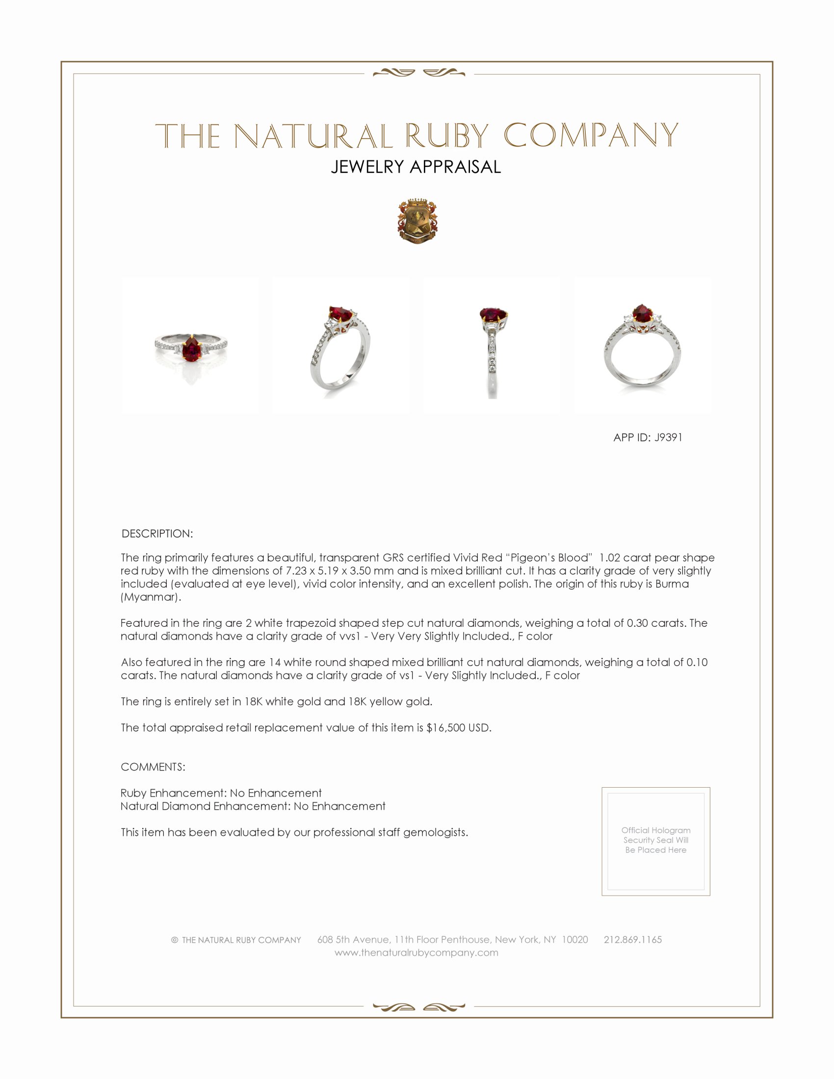 1.02 Ct. Ruby Natural Diamond Three Stone Ring, 18K White & Yellow