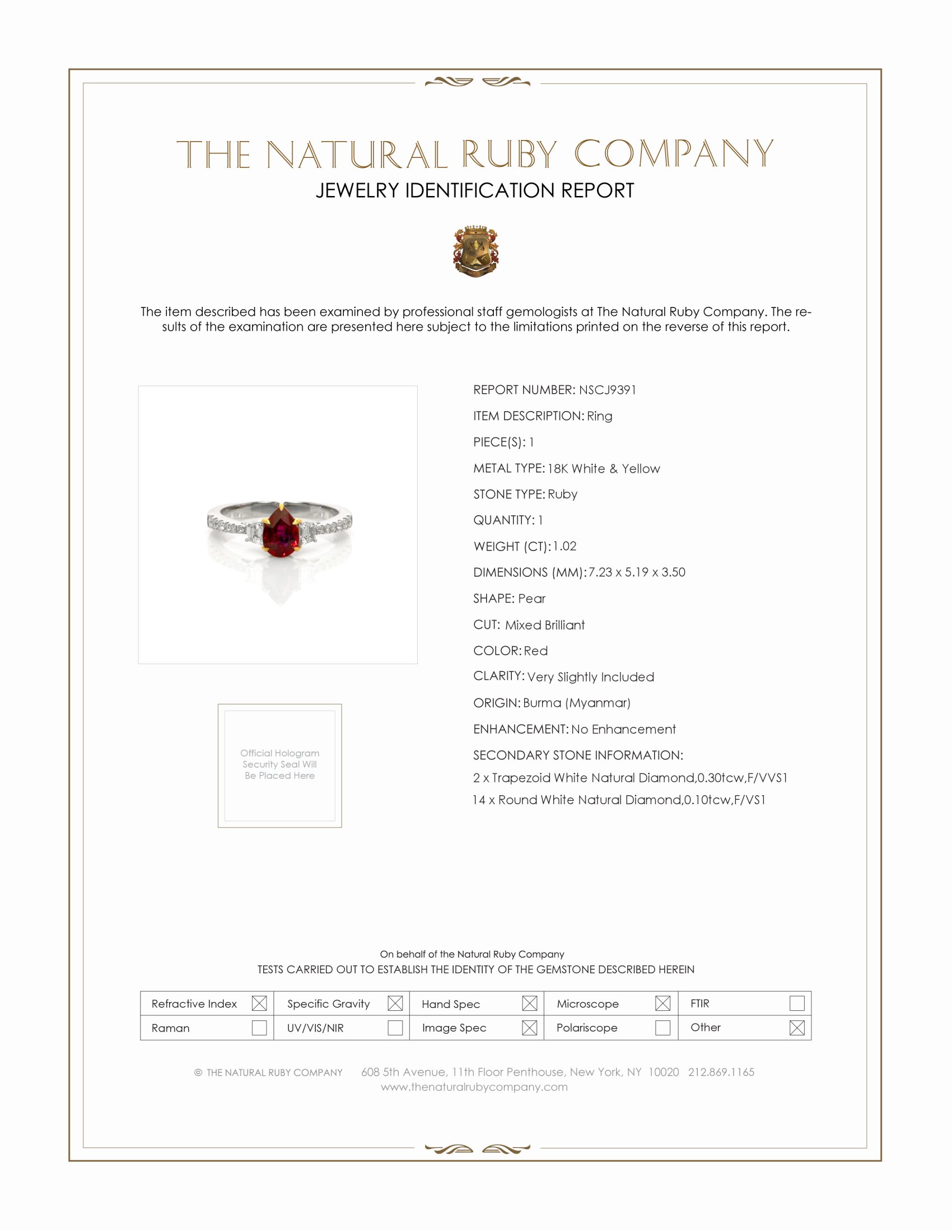 1.02 Ct. Ruby and Natural Diamond Three Stone Ring, 18K White & Yellow