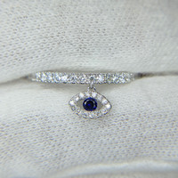 0.05 Ct. Blue Sapphire and Natural Diamond Pave Ring, 18K White Gold Image