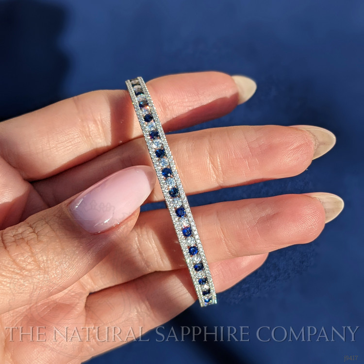 1.15 Ct.Tw. Blue Sapphire and Natural Diamond Pave Bracelet, 18K White Gold