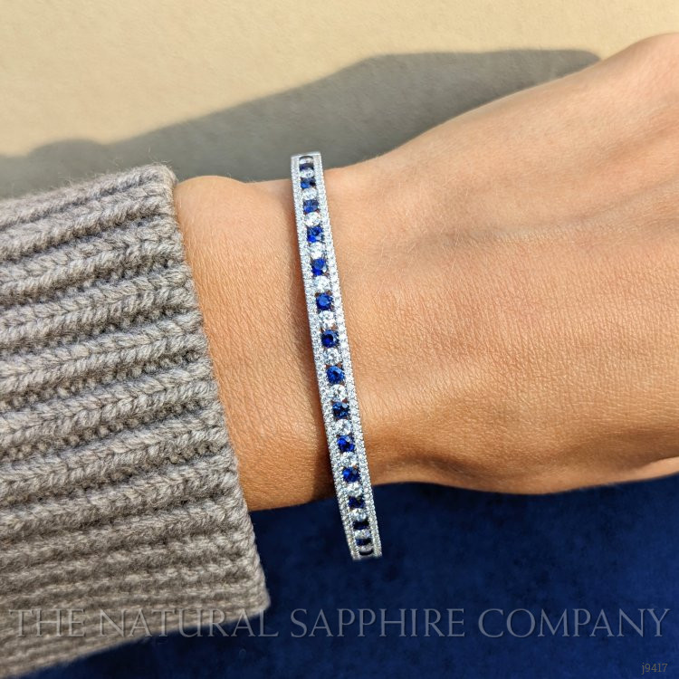 1.15 Ct.Tw. Blue Sapphire and Natural Diamond Pave Bracelet, 18K White Gold