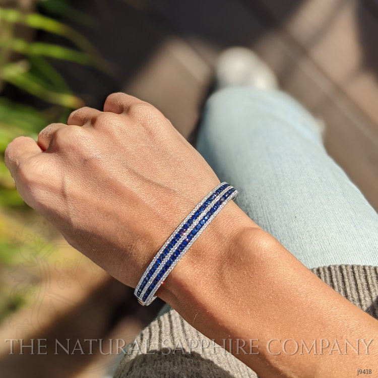 4.28 Ct.Tw. Blue Sapphire and Natural Diamond Pave Bracelet, 18K White Gold