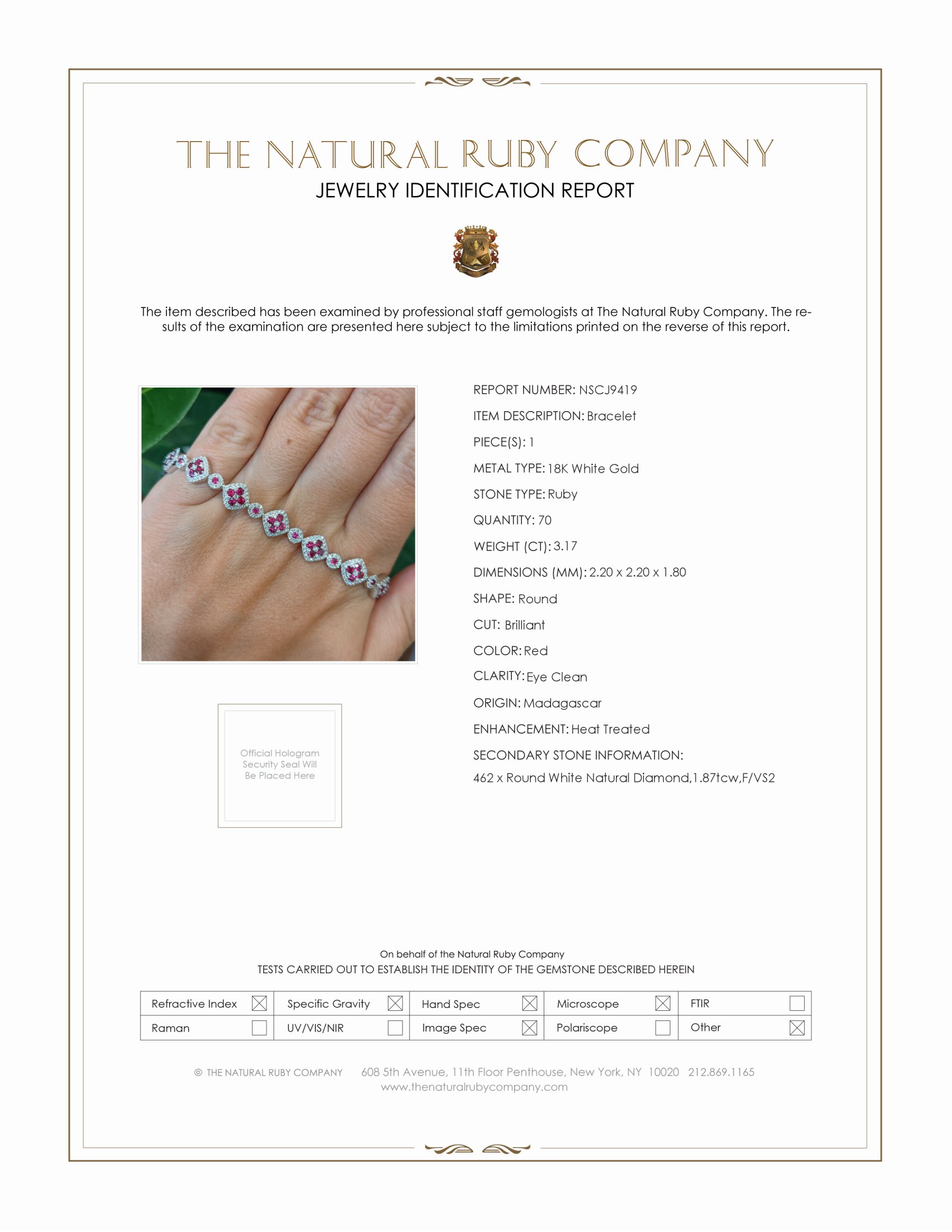 3.17 Ct.Tw. Ruby Natural Diamond Pave Bracelet, 18K White Gold