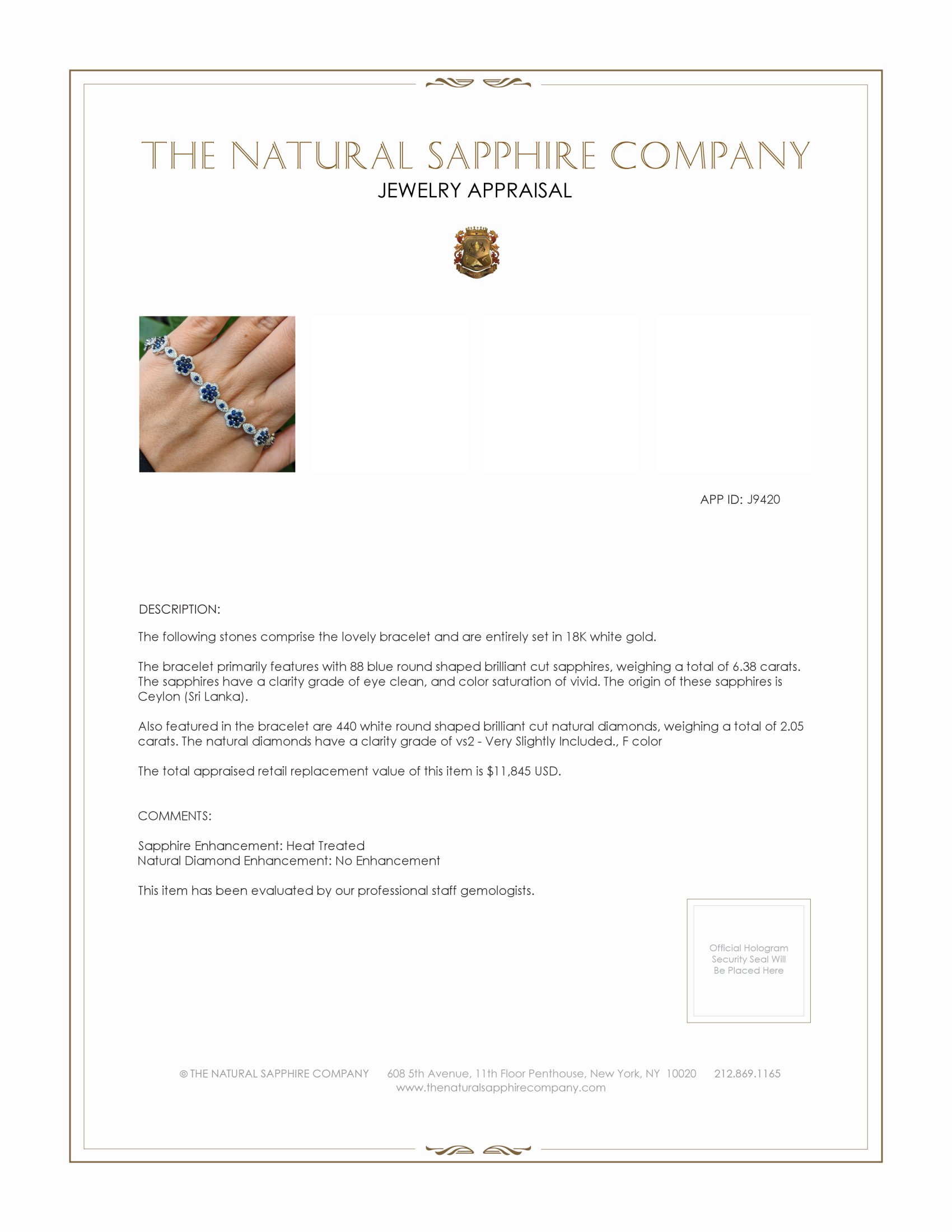 6.38 Ct.Tw. Blue Sapphire and Natural Diamond Pave Bracelet, 18K White Gold