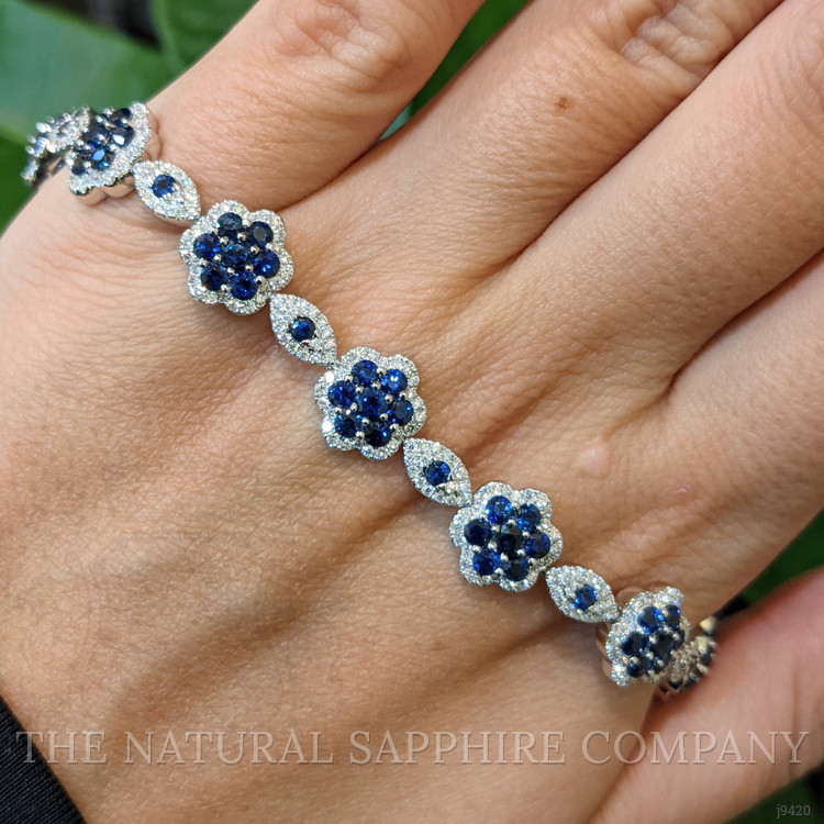 6.38 Ct.Tw. Blue Sapphire and Natural Diamond Pave Bracelet, 18K White Gold