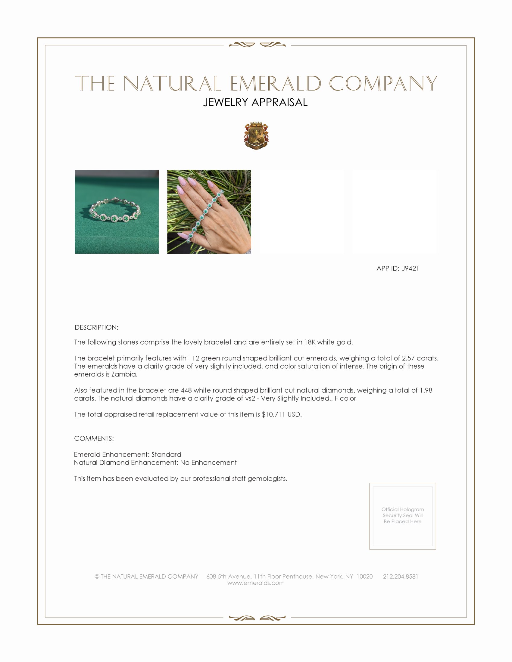 2.57 Ct.Tw. Emerald Natural Diamond Pave Bracelet, 18K White Gold