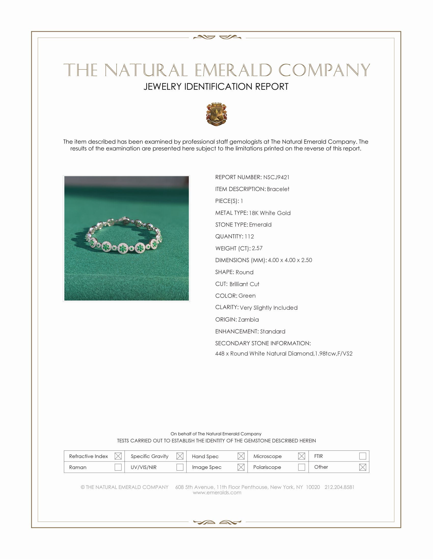 2.57 Ct.Tw. Emerald and Natural Diamond Pave Bracelet, 18K White Gold