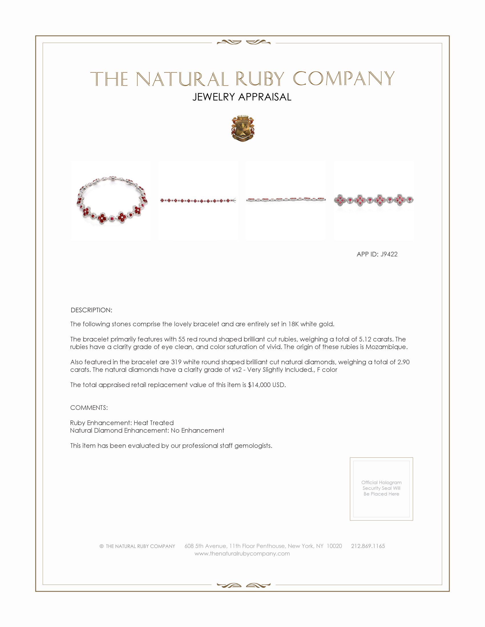 5.12 Ct.Tw. Ruby and Natural Diamond Accent Stones Bracelet, 18K White Gold