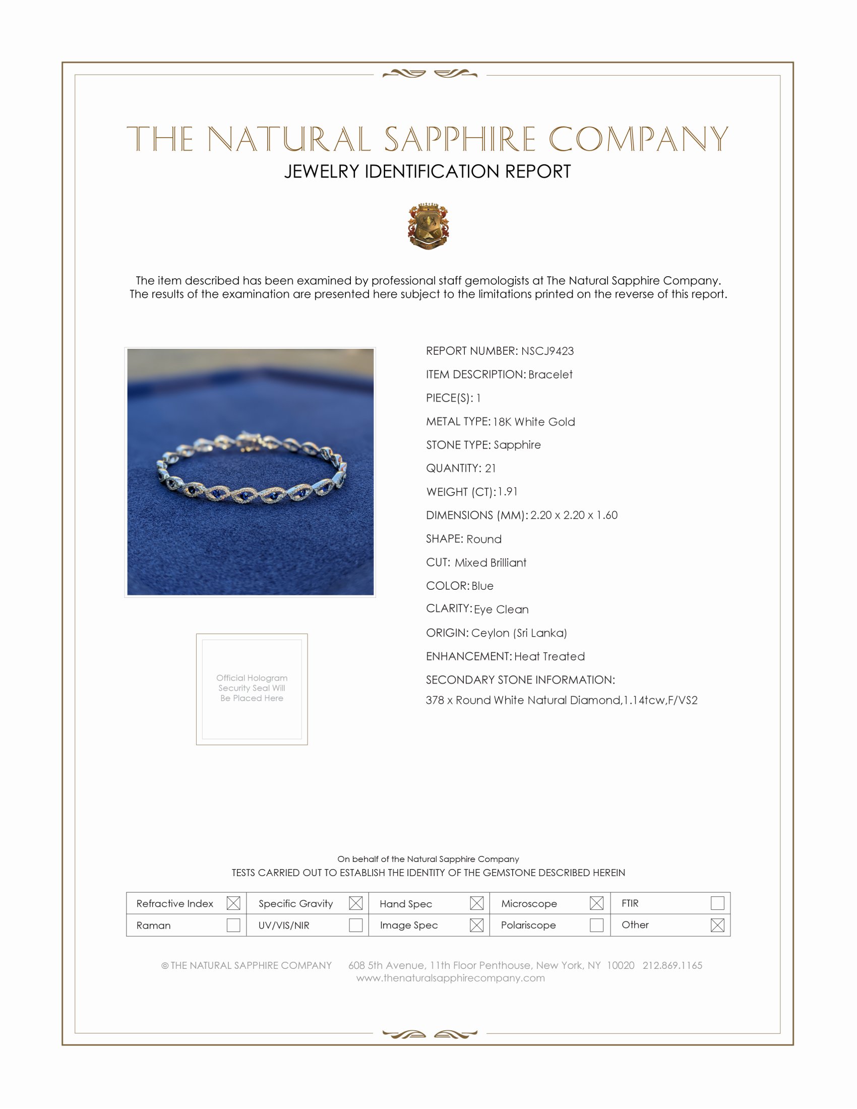1.91 Ct.Tw. Blue Sapphire and Natural Diamond Pave Bracelet, 18K White Gold
