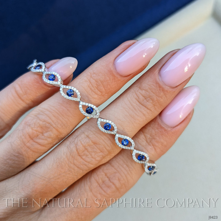 1.91 Ct.Tw. Blue Sapphire and Natural Diamond Pave Bracelet, 18K White Gold