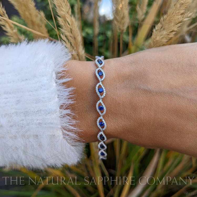 1.91 Ct.Tw. Blue Sapphire and Natural Diamond Pave Bracelet, 18K White Gold