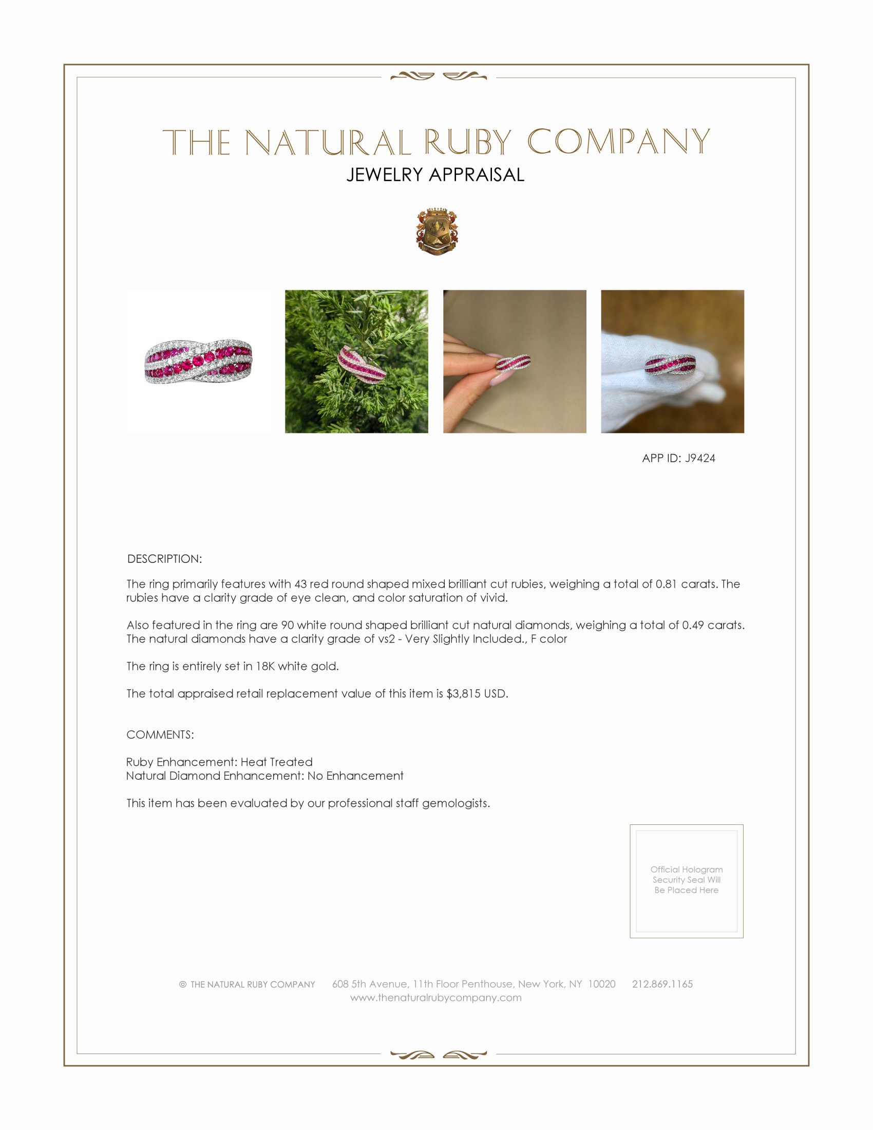 0.81 Ct. Ruby and Natural Diamond Pave Ring, 18K White Gold