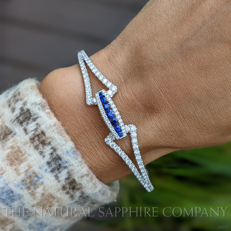 0.56 Ct.Tw. Blue Sapphire and Natural Diamond Pave Bracelet, 18K White Gold