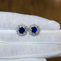 2.01&nbsp;Ct.Tw.Total Carat Weight Blue Sapphire and Natural Diamond Halo Earrings, 18K White Gold Image