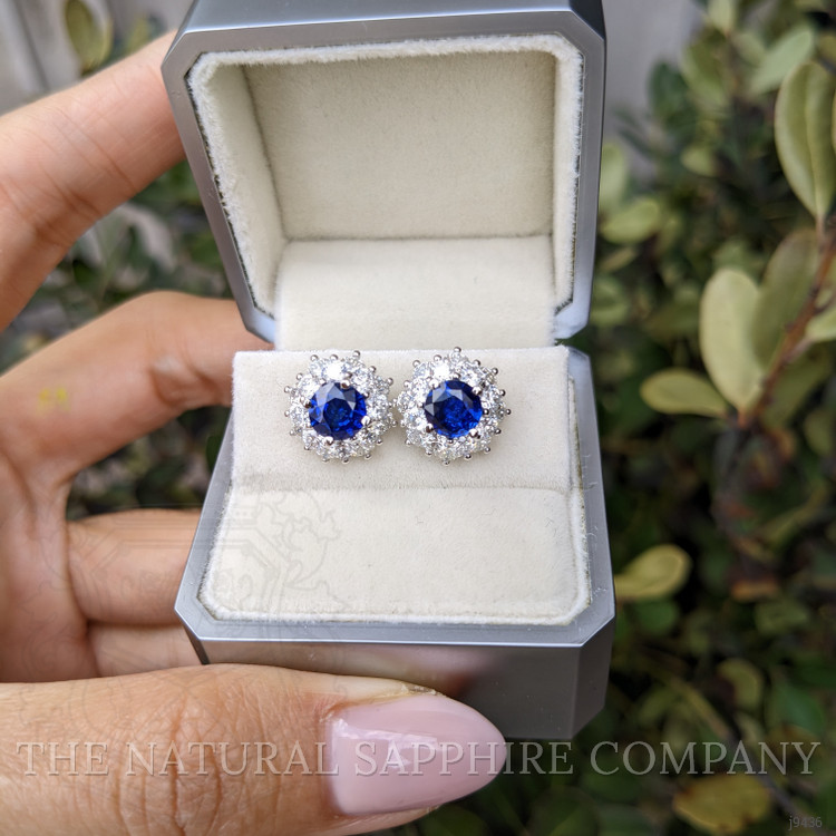 2.01 Ct.Tw. Blue Sapphire and Natural Diamond Studs Earrings, 18K White Gold