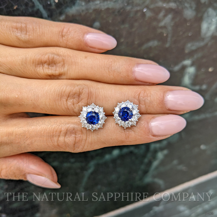2.01 Ct.Tw. Blue Sapphire and Natural Diamond Studs Earrings, 18K White Gold