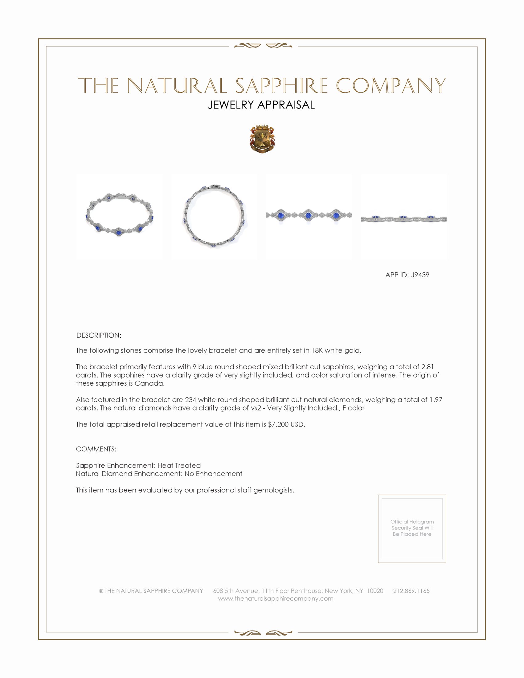 2.81 Ct.Tw. Blue Sapphire and Natural Diamond Pave Bracelet, 18K White Gold