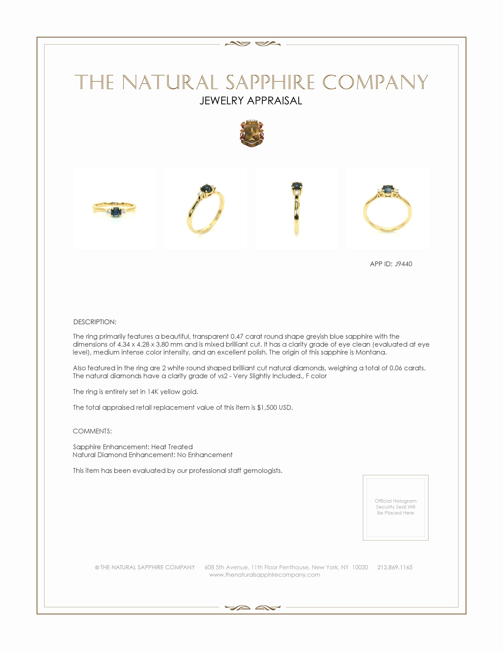 0.47 Ct. Greyish Blue Sapphire and Natural Diamond Three Stone Ring, 14K Yellow Gold