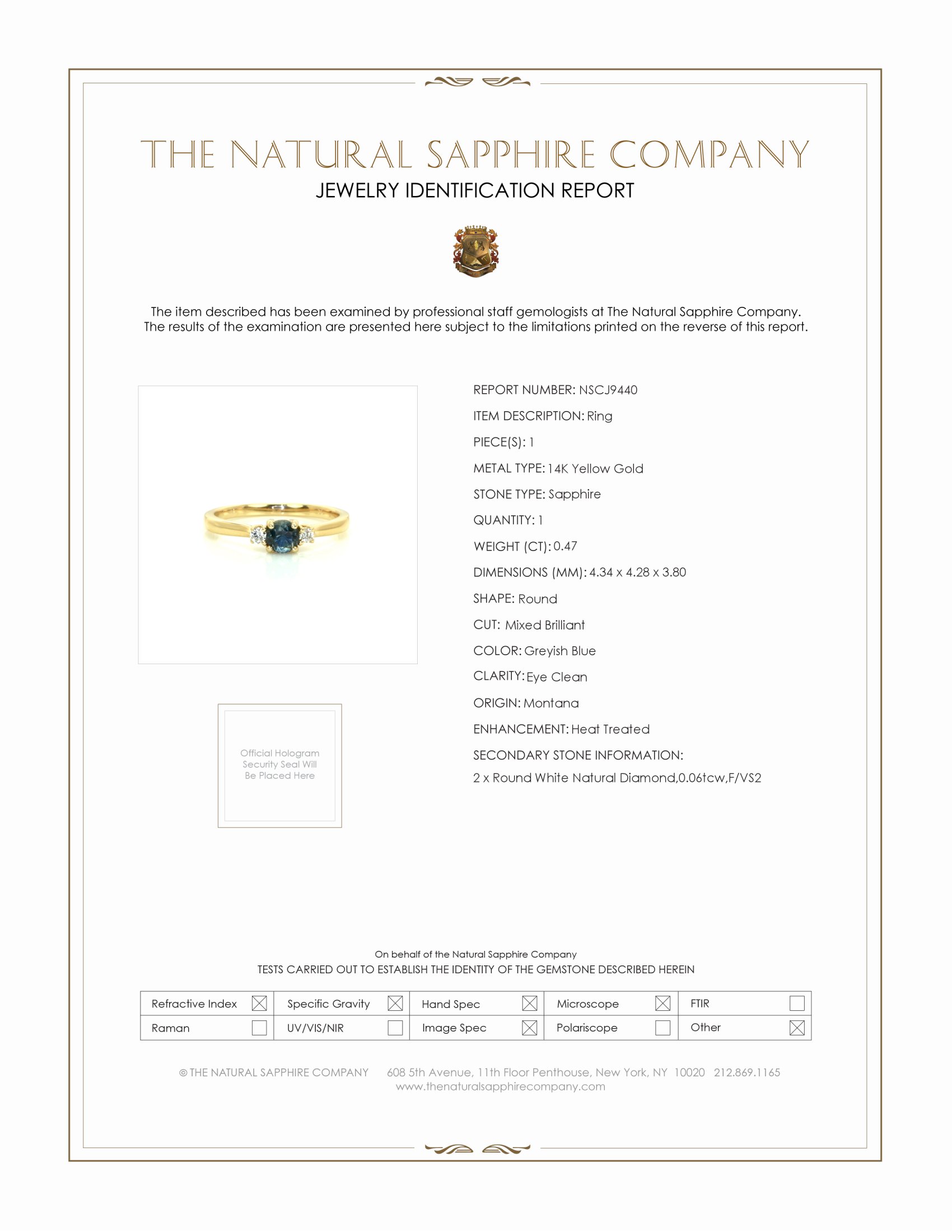 0.47 Ct. Greyish Blue Sapphire and Natural Diamond Three Stone Ring, 14K Yellow Gold