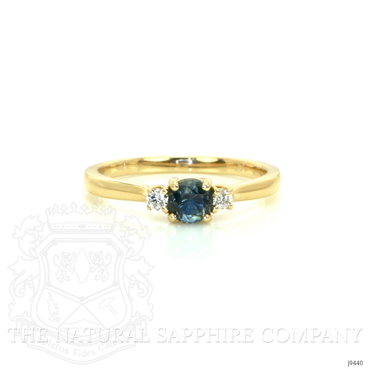 0.47 Ct. Greyish Blue Sapphire and Natural Diamond Three Stone Ring, 14K Yellow Gold