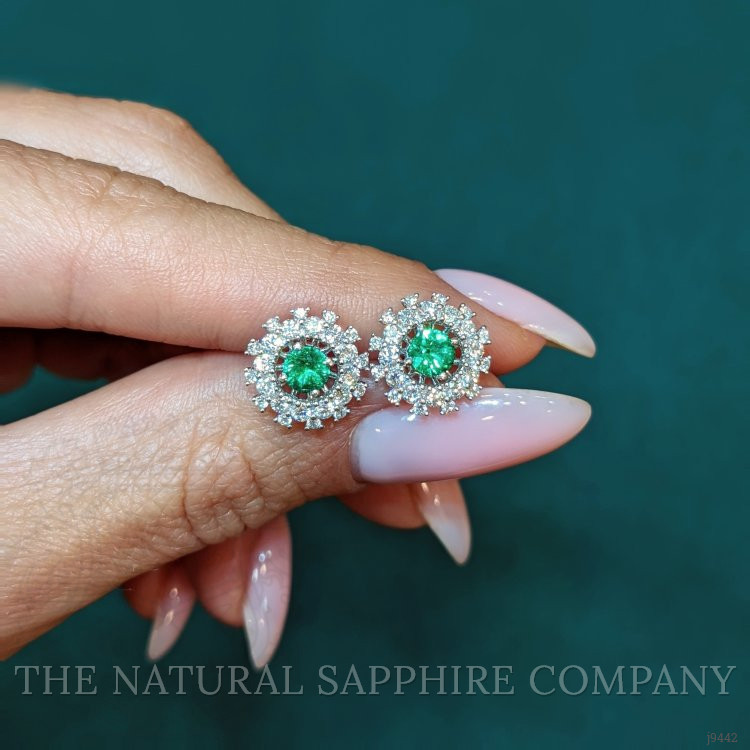 0.40 Ct.Tw. Emerald Natural Diamond Halo Earrings, 18K White Gold