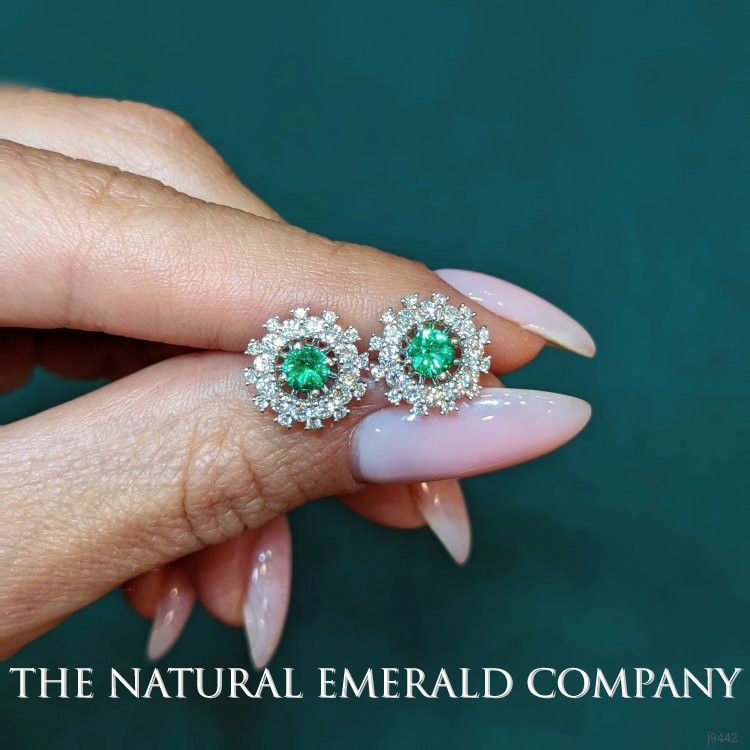 0.40 Ct.Tw. Emerald Natural Diamond Halo Earrings, 18K White Gold
