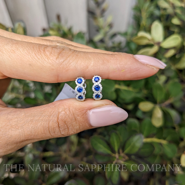 0.52 Ct.Tw. Blue Sapphire and Natural Diamond Pave Earrings, 18K White Gold
