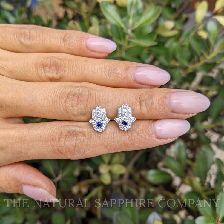0.10 Ct.Tw. Blue Sapphire and Natural Diamond Pave Earrings, 18K White Gold
