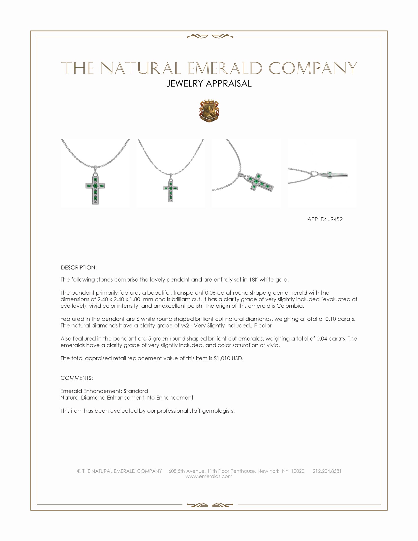 0.06 Ct. Emerald and Natural Diamond Religious Pendant, 18K White Gold