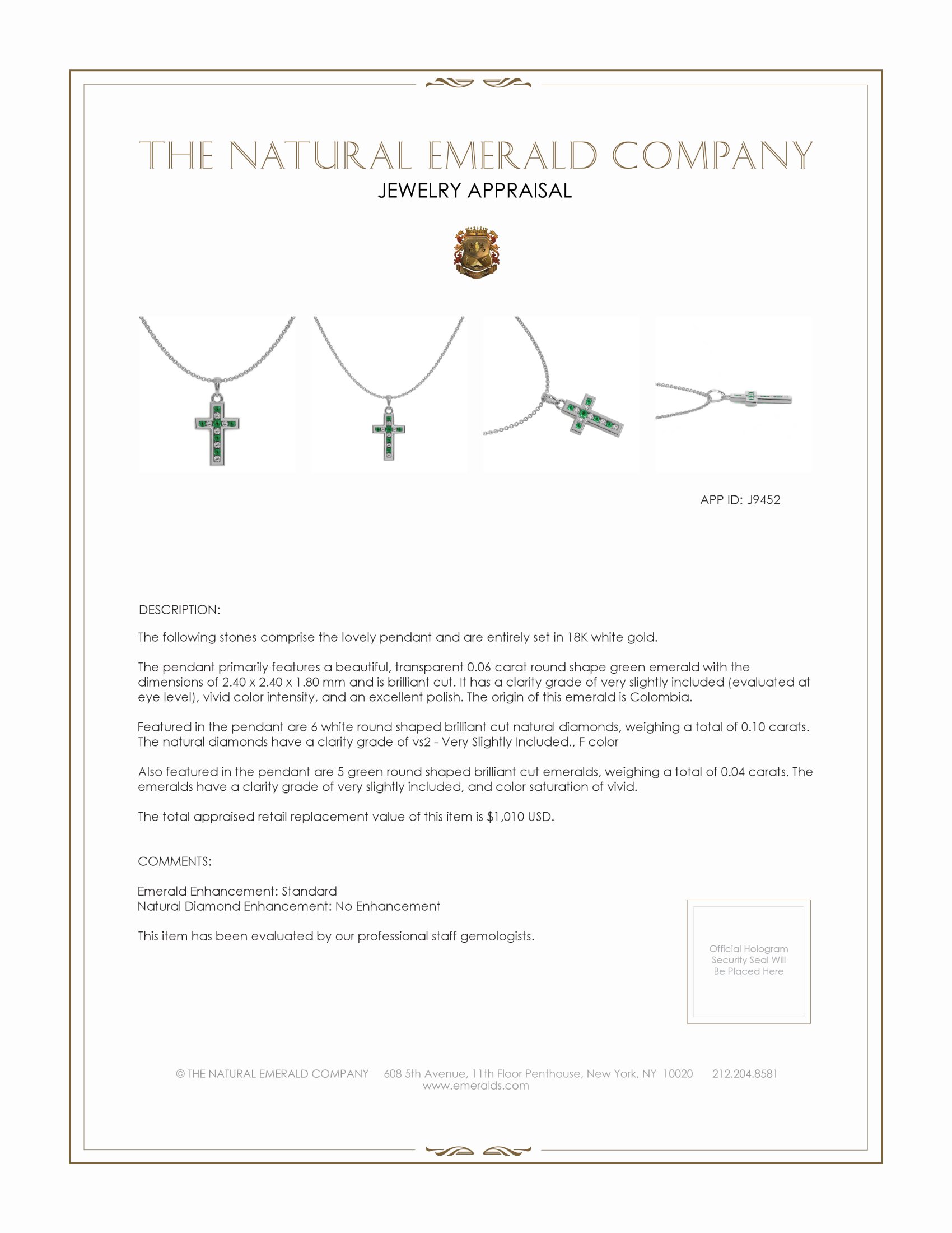 0.06 Ct. Emerald and Natural Diamond Religious Pendant, 18K White Gold