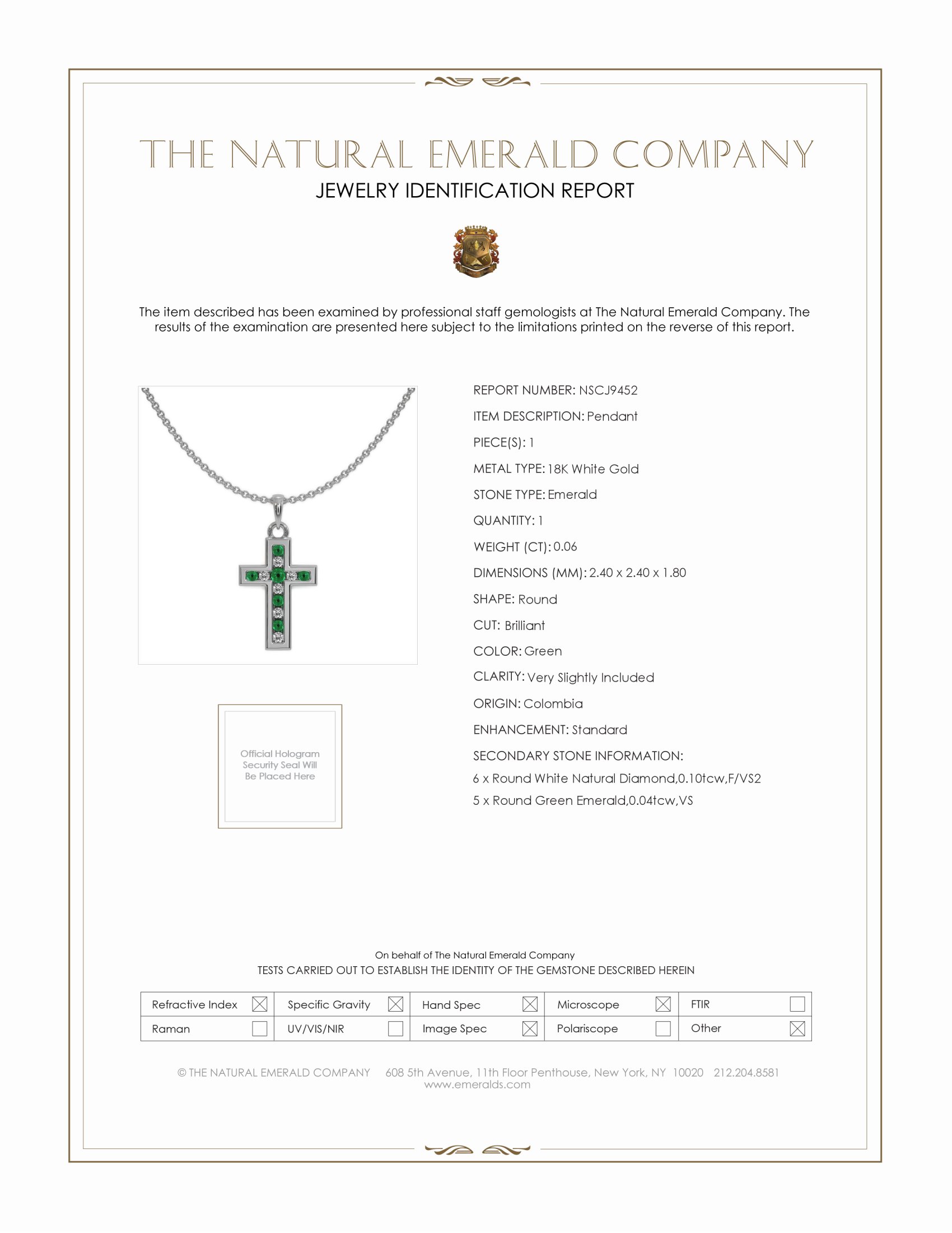 0.06 Ct. Emerald and Natural Diamond Religious Pendant, 18K White Gold