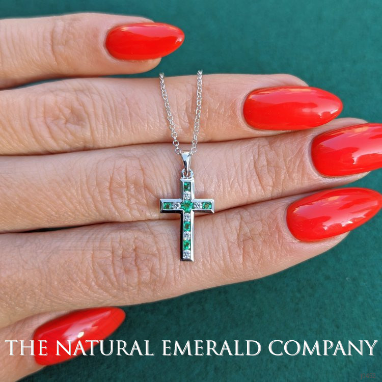0.06 Ct. Emerald Natural Diamond Religious Pendant, 18K White Gold