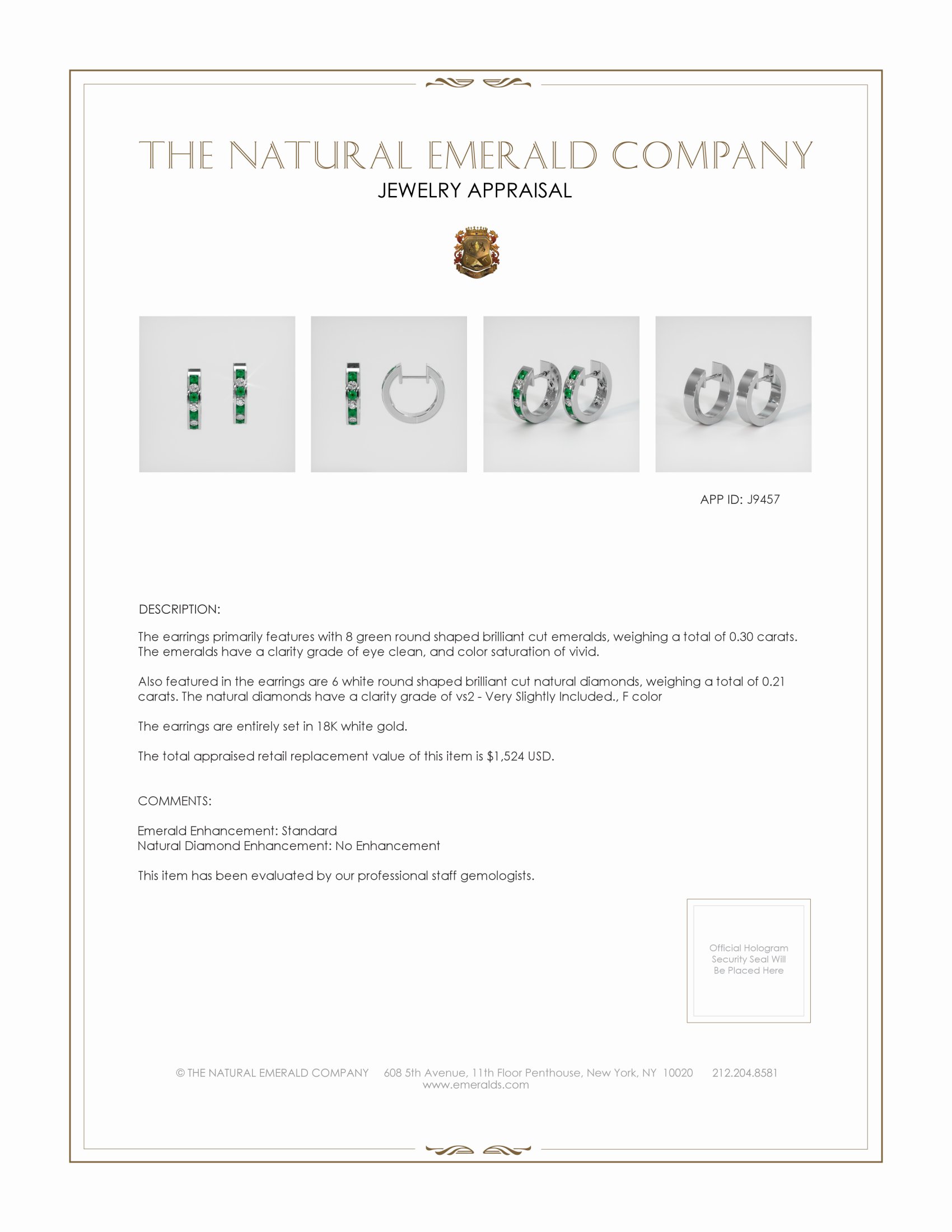 0.30 Ct.Tw. Emerald Natural Diamond Hoops Earrings, 18K White Gold