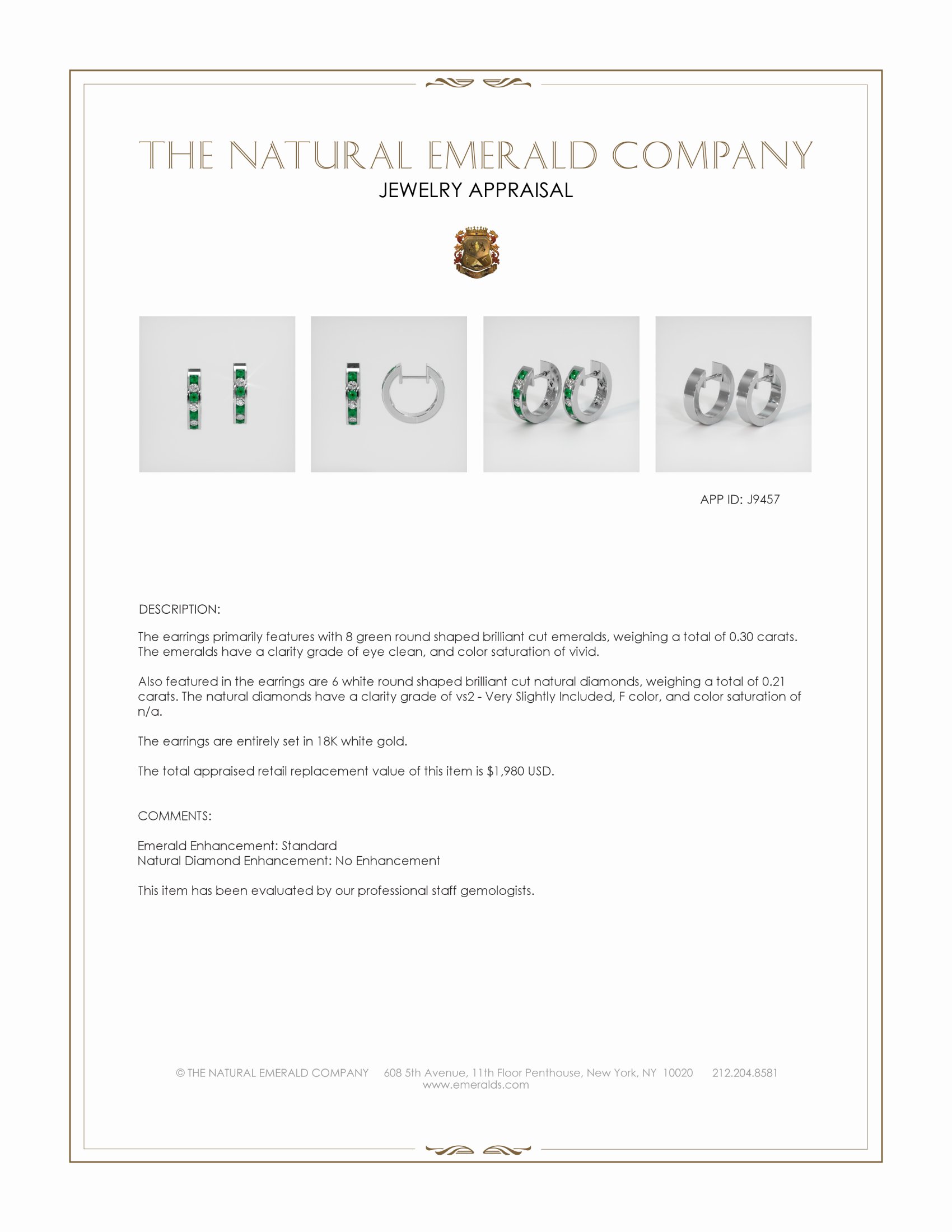 0.30 Ct.Tw. Emerald and Natural Diamond Hoops Earrings, 18K White Gold