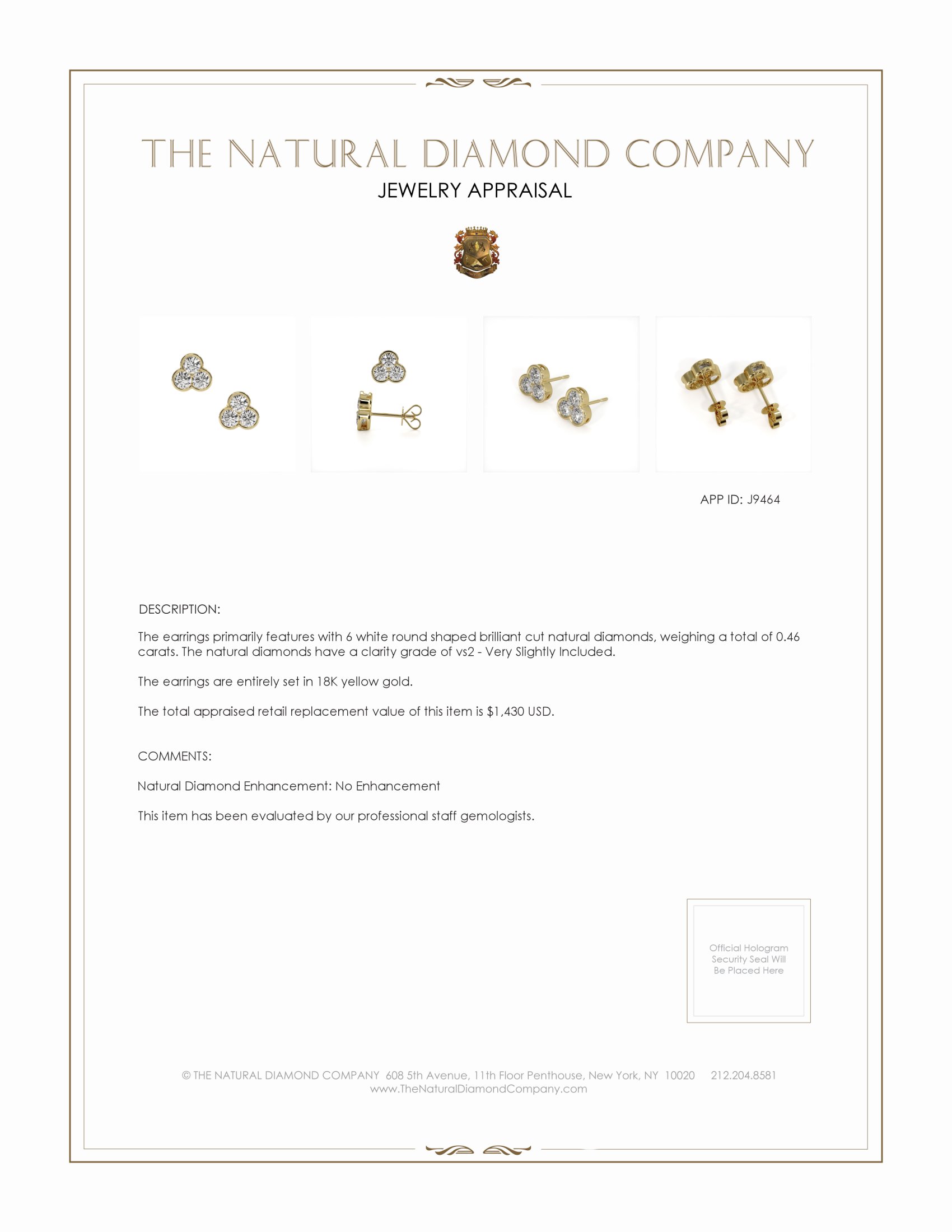 0.46 Ct.Tw. Natural Diamond Studs Earrings, 18K Yellow Gold