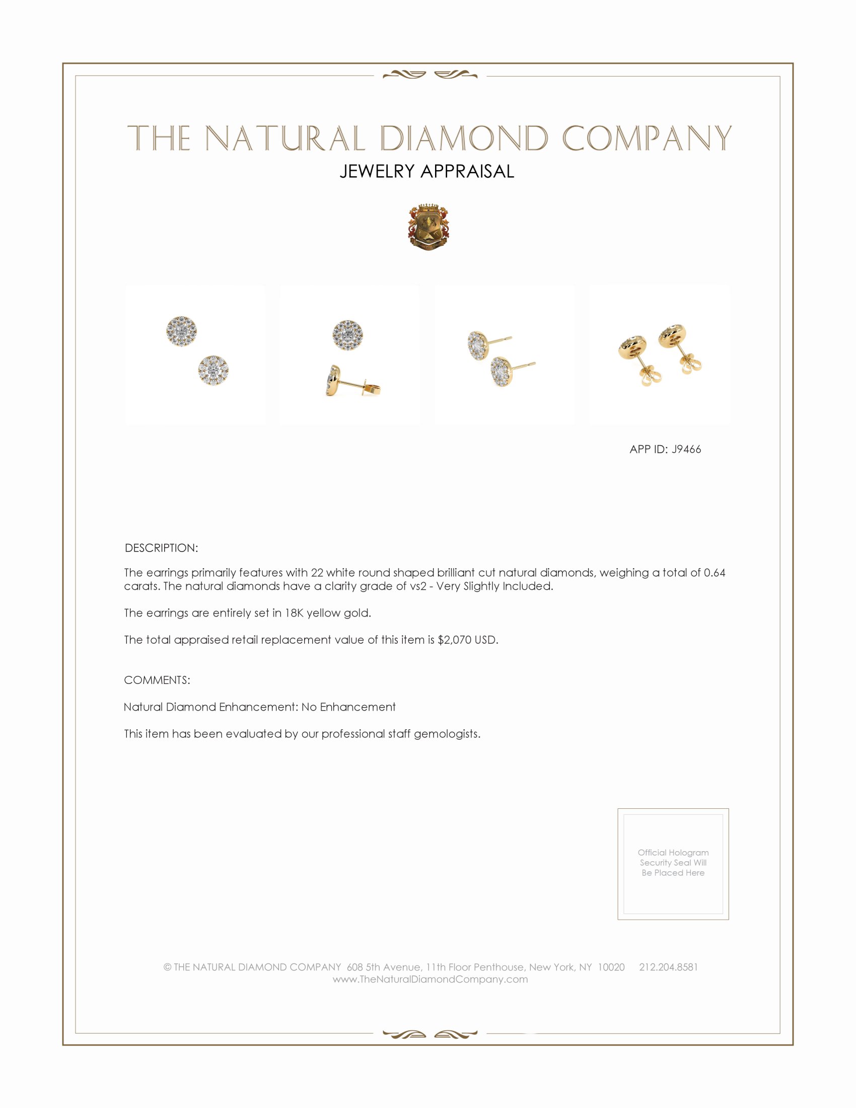 0.64 Ct.Tw. Natural Diamond Studs Earrings, 18K Yellow Gold