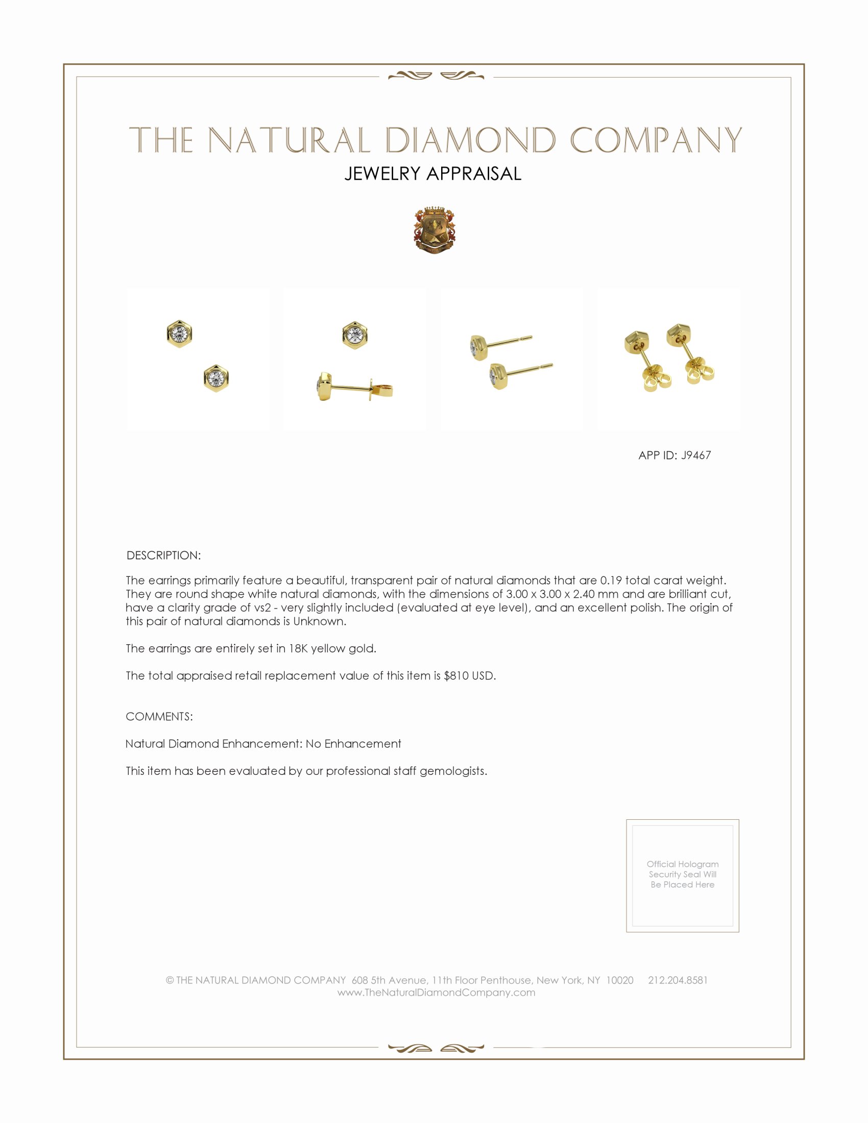 0.19 Ct.Tw. Natural Diamond Studs Earrings, 18K Yellow Gold