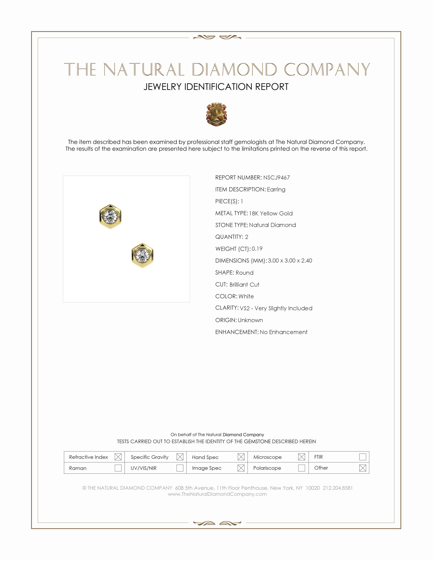 0.19 Ct.Tw. Natural Diamond Studs Earrings, 18K Yellow Gold