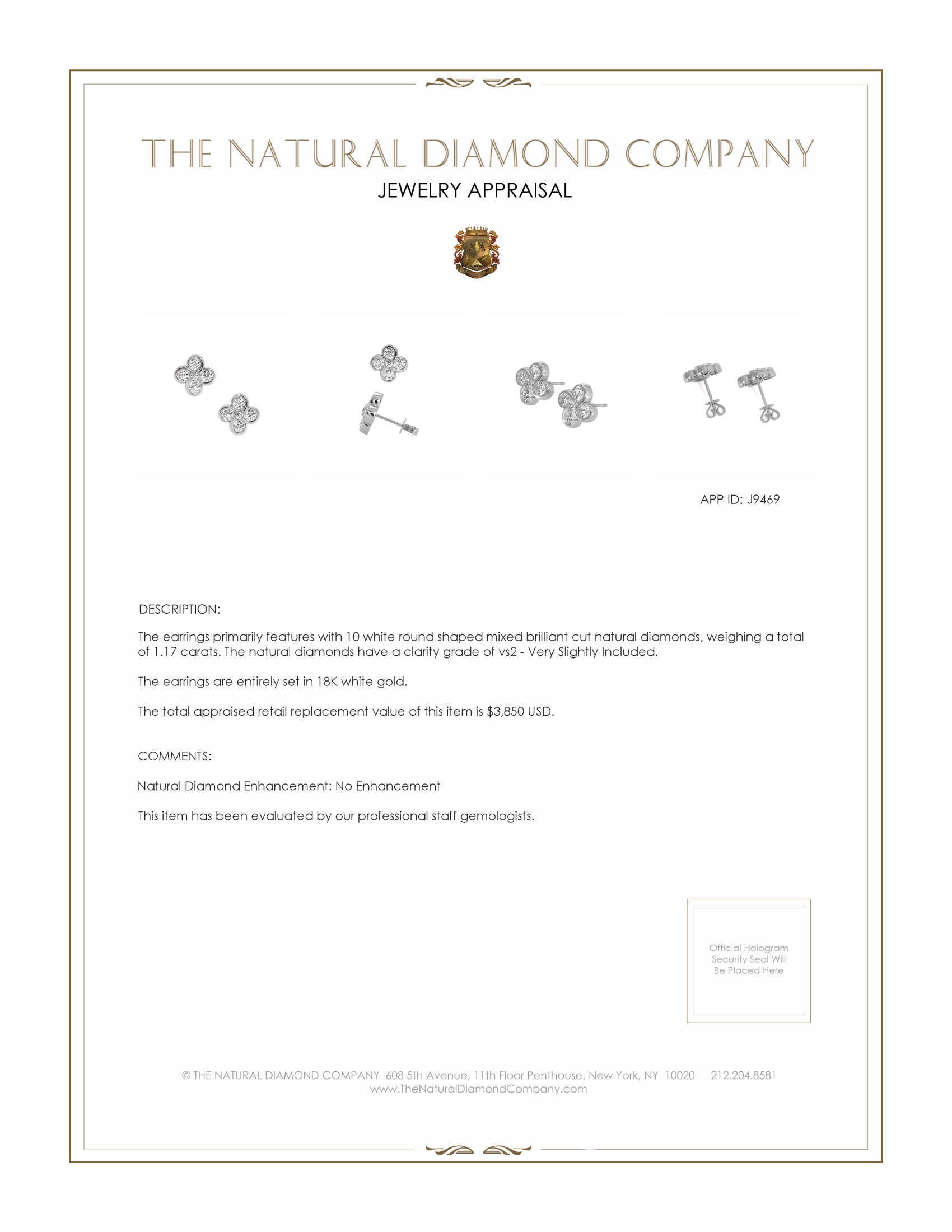 1.17 Ct.Tw. Natural Diamond Studs Earrings, 18K White Gold